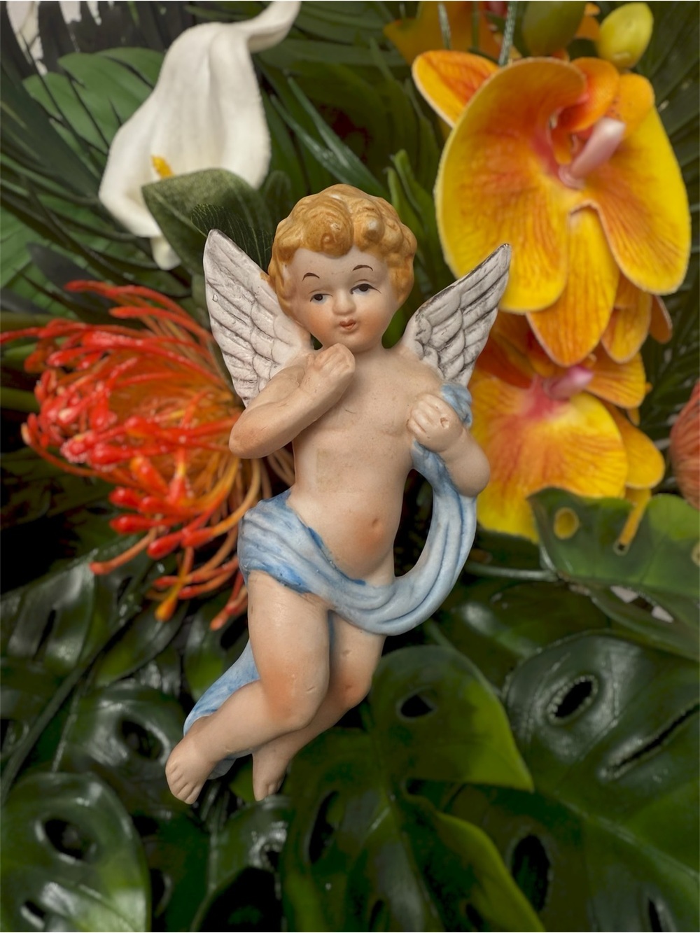 Vintage Ardalt Lenwile Cherub Angel Wall Hanging Porcelain Blue Drape 6” Rare